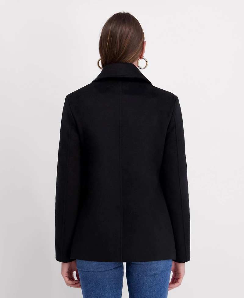 Kensie Double Breasted Patch Pocket Faux Wool Jacket with Fringe