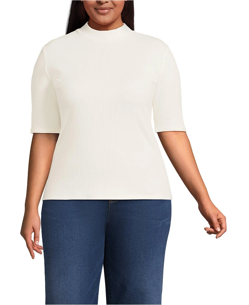 Lands' End Plus Size Elbow Sleeve Pointelle Rib Mock Neck