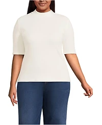 Lands' End Plus Size Elbow Sleeve Pointelle Rib Mock Neck