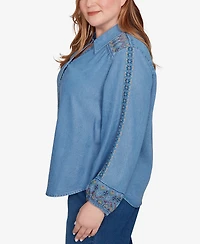 Alfred Dunner Plus Sunset Canyon Needlepoint Embroidered Button Front Top