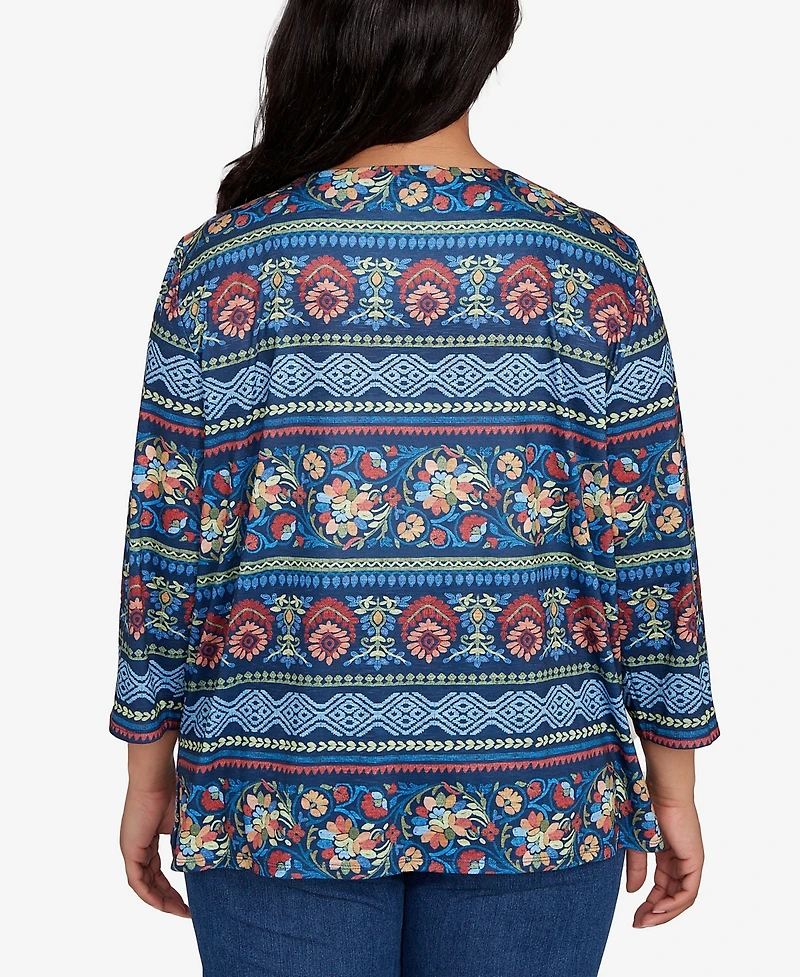 Alfred Dunner Plus Sunset Canyon Printed Sleeve Floral Embroidered Top