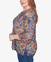 Alfred Dunner Plus Sunset Canyon Stitched Floral Pleated Neck Top