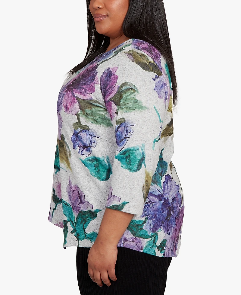 Alfred Dunner Plus Lake Champlain Asymmetrical Watercolor Flower Top