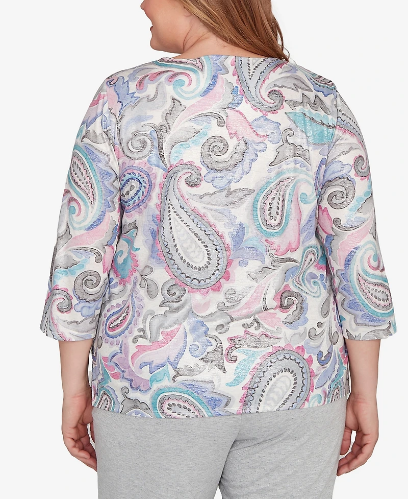Alfred Dunner Plus Casual Vibe Pleated Paisley Crew Neck Top