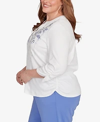 Alfred Dunner Plus Casual Vibe Geometric Floral Ruched Henley Top