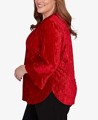 Alfred Dunner Plus Jet Setter Crushed Velvet Henley Tie Sleeve Top
