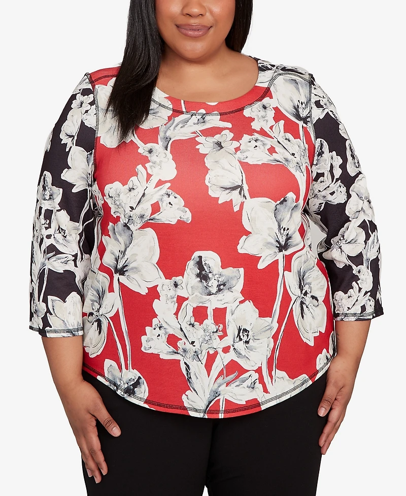 Alfred Dunner Plus Jet Setter Dynamic Floral Vintage Watercolor Top
