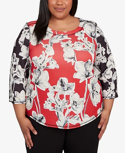 Alfred Dunner Plus Jet Setter Dynamic Floral Vintage Watercolor Top