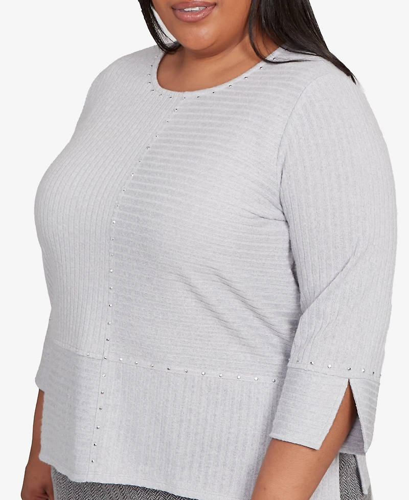 Alfred Dunner Plus Jet Setter Heat Set Embellished Solid Knit Top