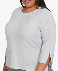 Alfred Dunner Plus Jet Setter Heat Set Embellished Solid Knit Top