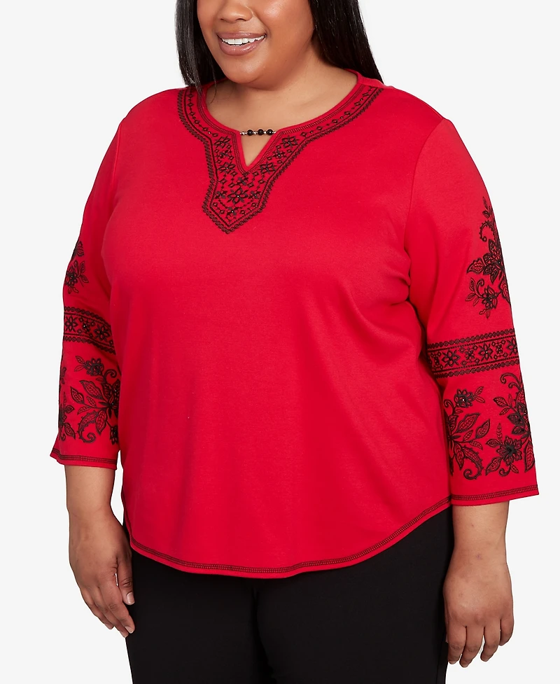 Alfred Dunner Plus Jet Setter Knit Embroidered Sleeve Beaded Split Neck Top