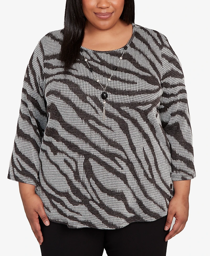 Alfred Dunner Plus Jet Setter Animal Houndstooth Top with Necklace