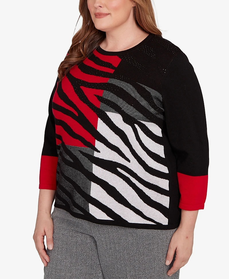 Alfred Dunner Plus Jet Setter Zebra Colorblock Long sleeve Sweater