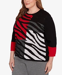 Alfred Dunner Plus Jet Setter Zebra Colorblock Long sleeve Sweater