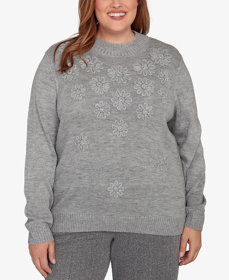 Alfred Dunner Plus Jet Setter Floral Soutache Embroidered Sweater