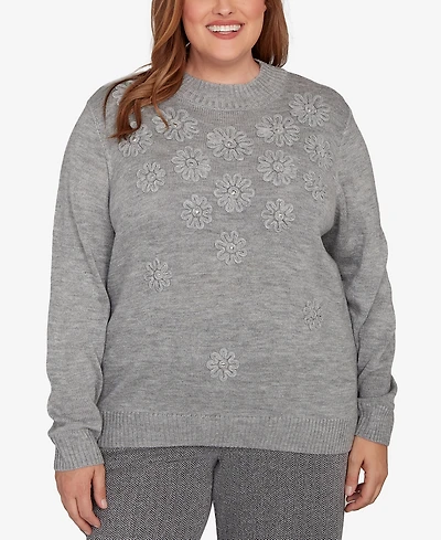 Alfred Dunner Plus Jet Setter Floral Soutache Embroidered Sweater