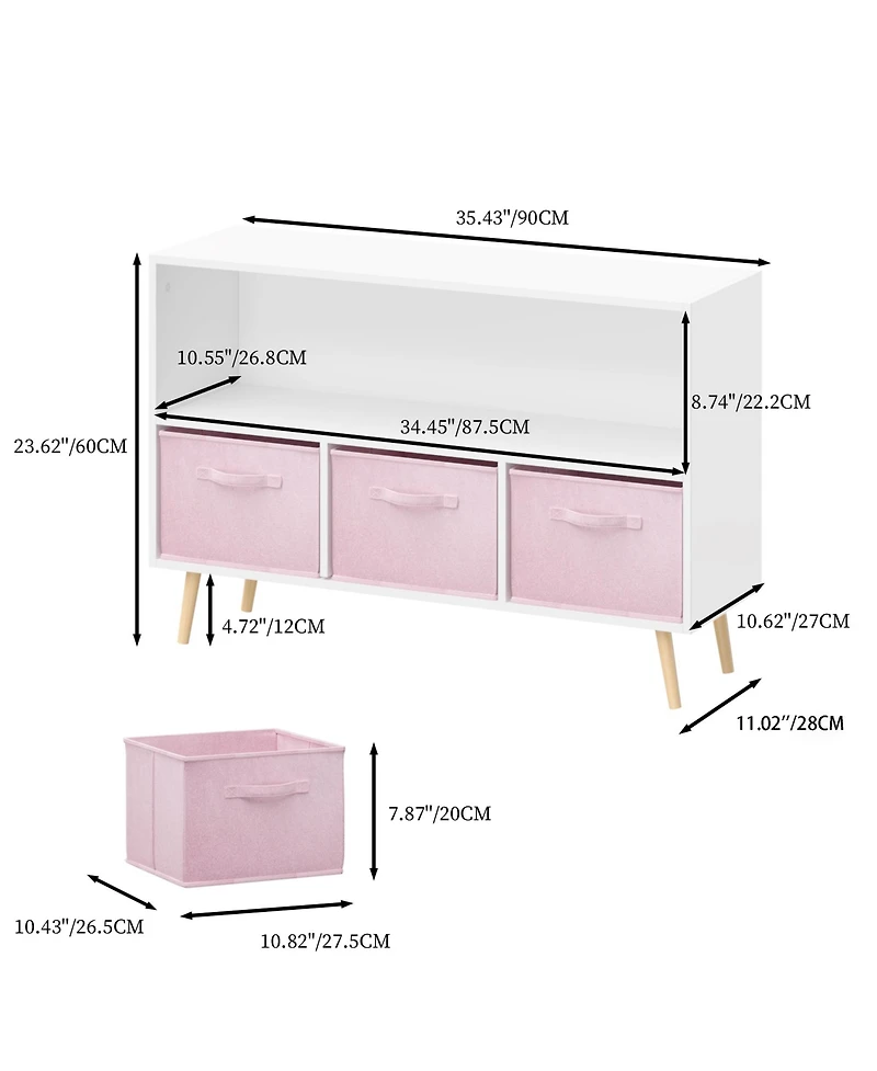 Jujabu 35 in. Wide White/ Kids Bookcase with Collapsible Fabric Drawers, Children's Book Display
