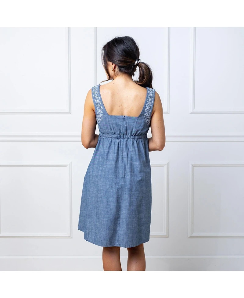 Hope & Henry Women's Organic Sleeveless Chambray Dress with Embroidery