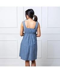 Hope & Henry Women's Organic Sleeveless Chambray Dress with Embroidery