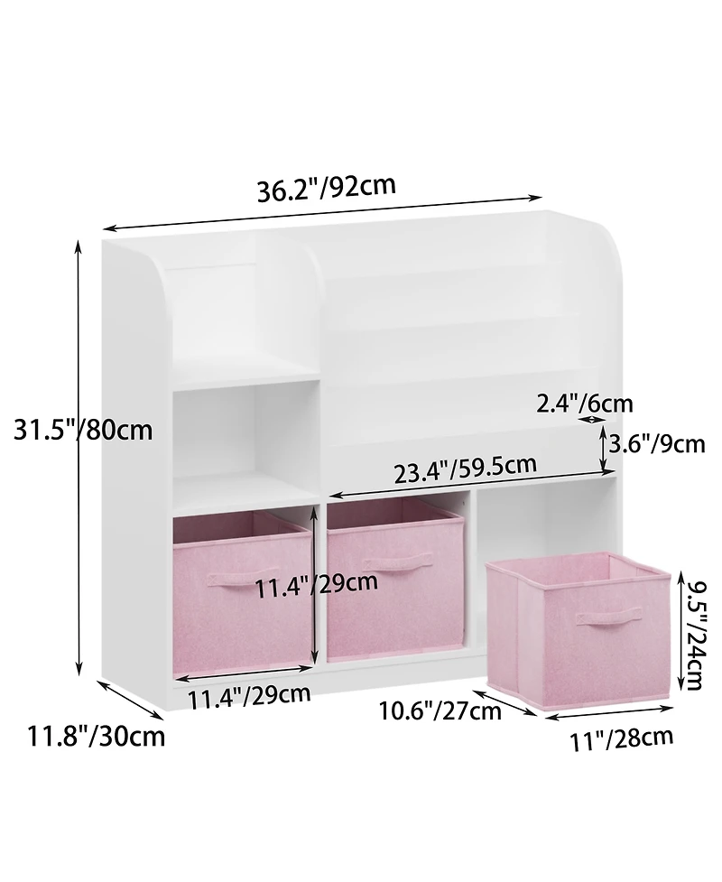 36 in. Wide White/Pink Multifunctional Kids Bookcase and Bookshelf with 3 Collapsible Fabric Drawers Bookcase Display Stand