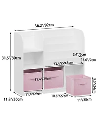 36 in. Wide White/Pink Multifunctional Kids Bookcase and Bookshelf with 3 Collapsible Fabric Drawers Bookcase Display Stand