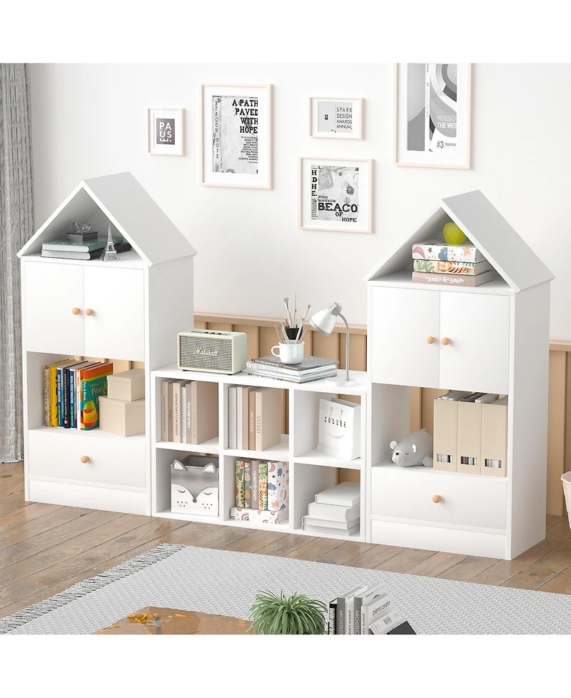 Jujabu White Wood Children's Bookshelf with House-Shaped Design with Adjustable Placement for Playroom or Bedroom