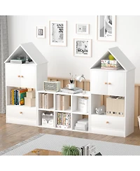 Jujabu White Wood Children's Bookshelf with House-Shaped Design with Adjustable Placement for Playroom or Bedroom