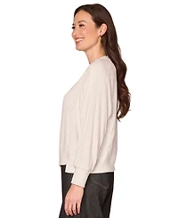 Democracy Petite Long Sleeve Mixed-Media Scoop Neck Top