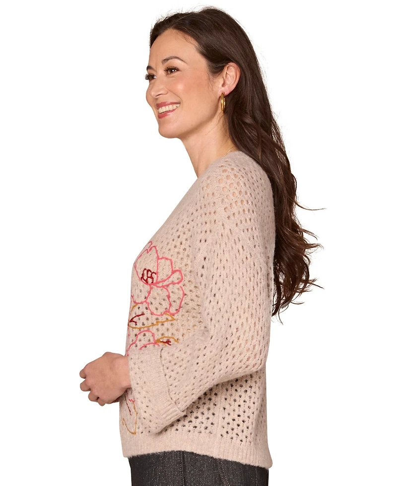 Democracy Petite Floral Round Neck Sweater