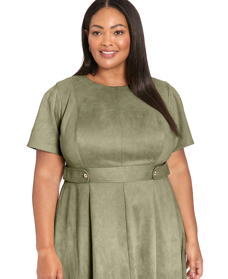 London Times Plus Faux Suede Side Tab Midi Dress