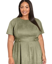 London Times Plus Faux Suede Side Tab Midi Dress
