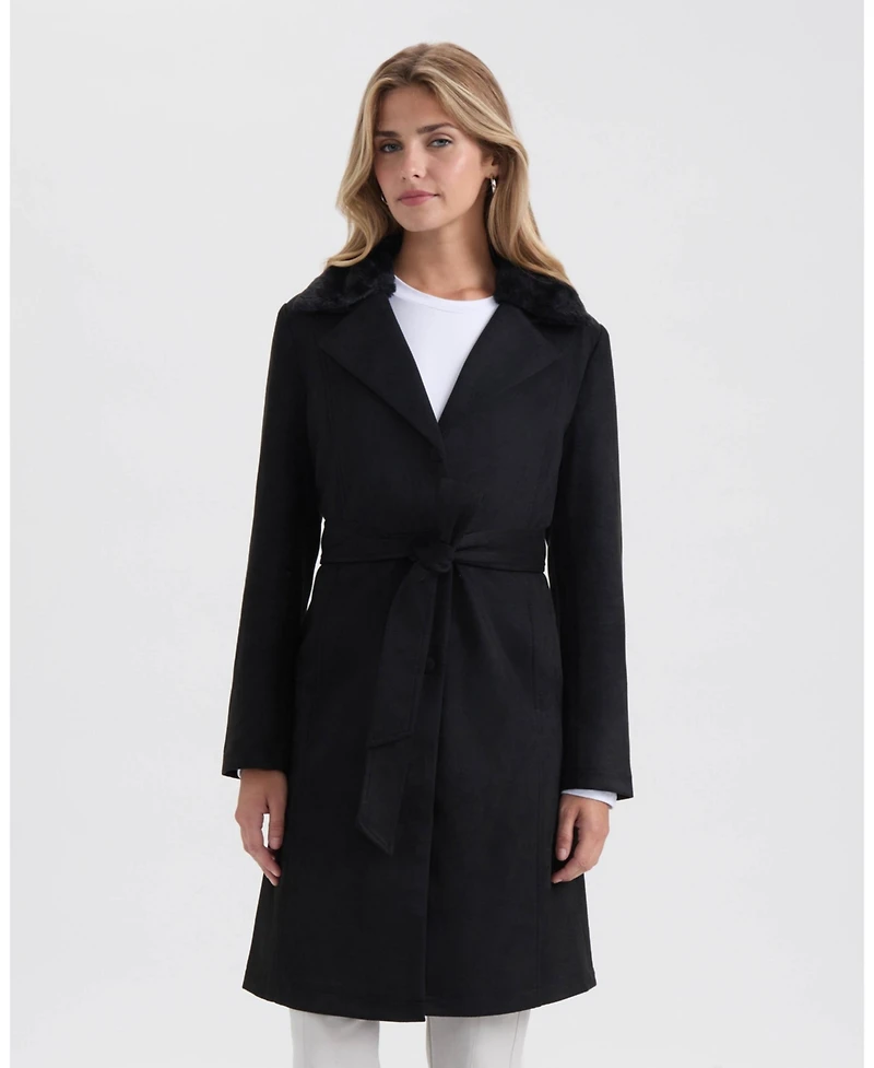Ellen Tracy Women's Faux Suede Trench with Detachable Fur Collar