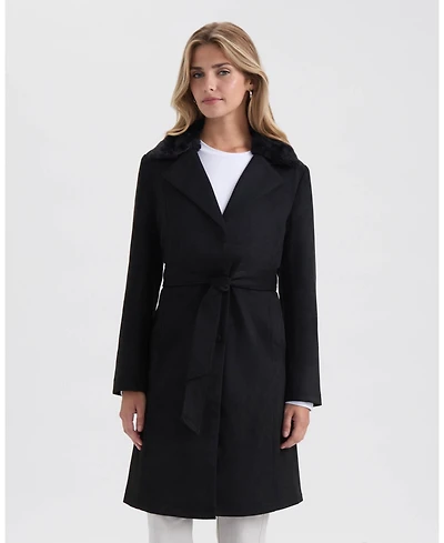 Ellen Tracy Women's Faux Suede Trench with Detachable Fur Collar