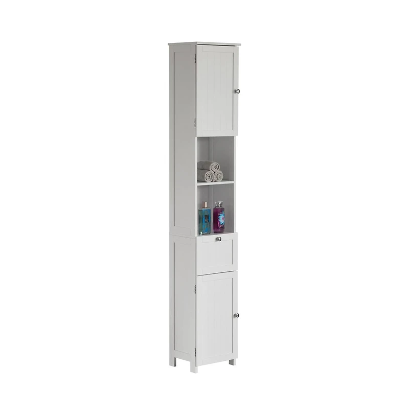 Basicwise White Tall Standing Bathroom Linen Tower Storage Cabinet for Bathroom and Vanity