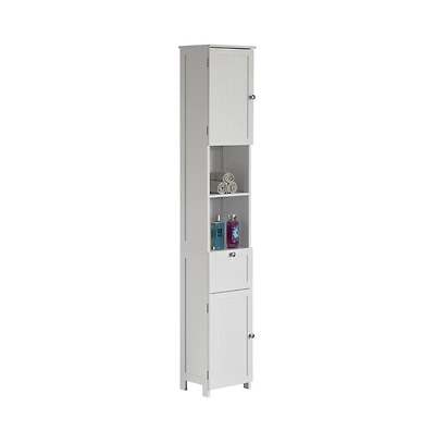 Basicwise White Tall Standing Bathroom Linen Tower Storage Cabinet for Bathroom and Vanity