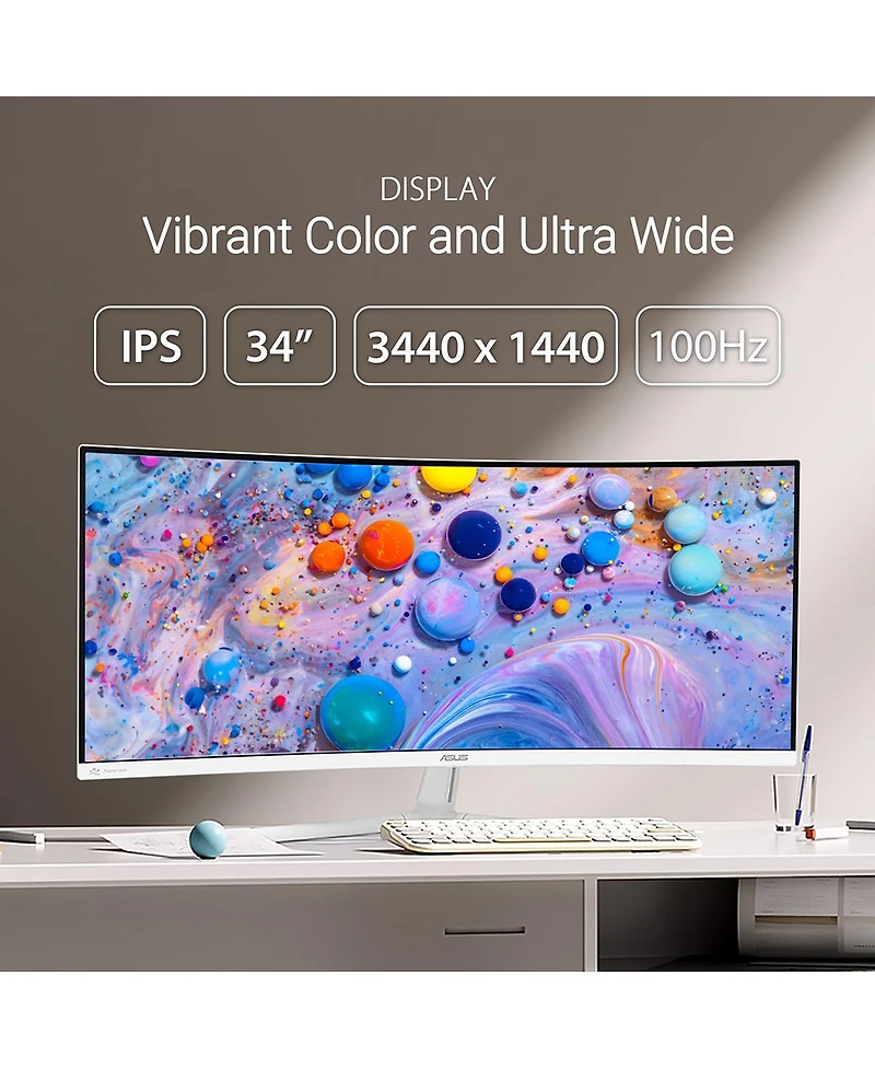 Asus VU34WCIP 34" 21:9 Uwqhd 100Hz Curved Usb-c Va Led Hdr Monitor, White