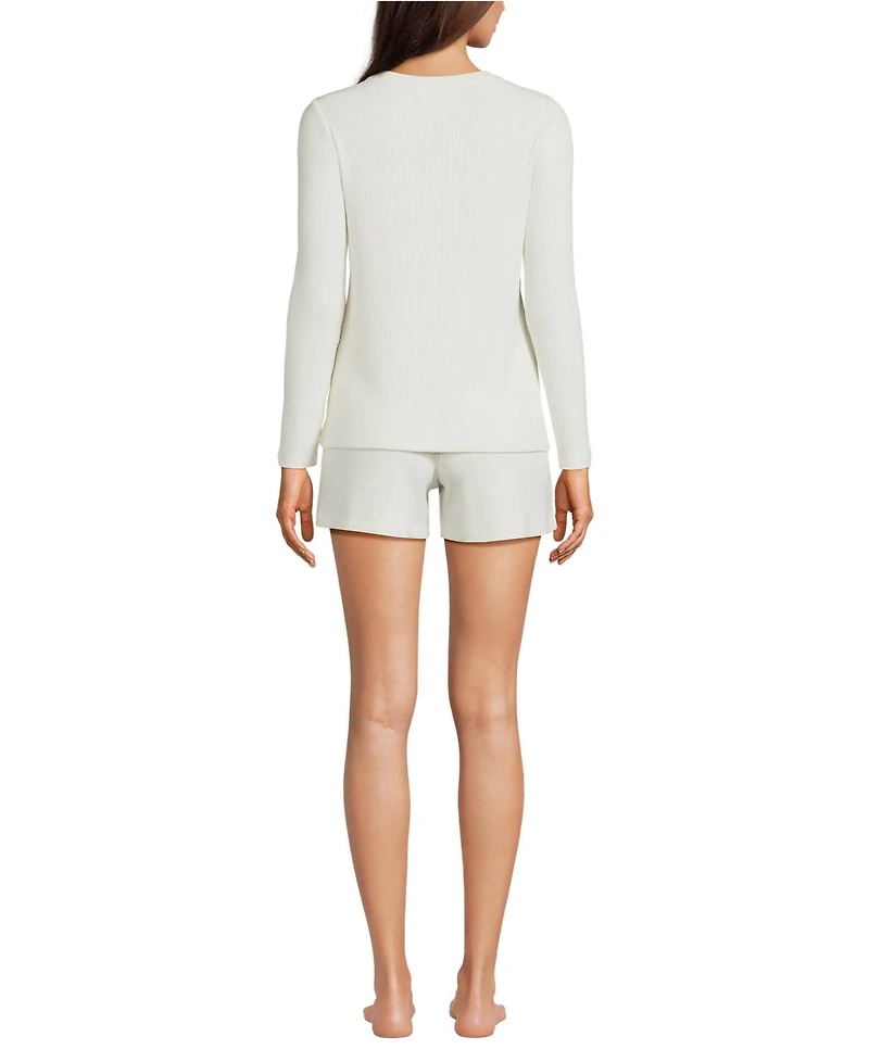 Lands' End Women's Cozy Brushed Rib 2 Piece Pajama Set - Long Sleeve Top and Shorts
