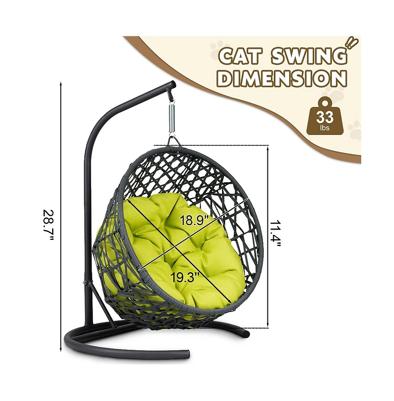 Zeus & Ruta Rattan Cat Egg Chair with Stand and Cushion in Green