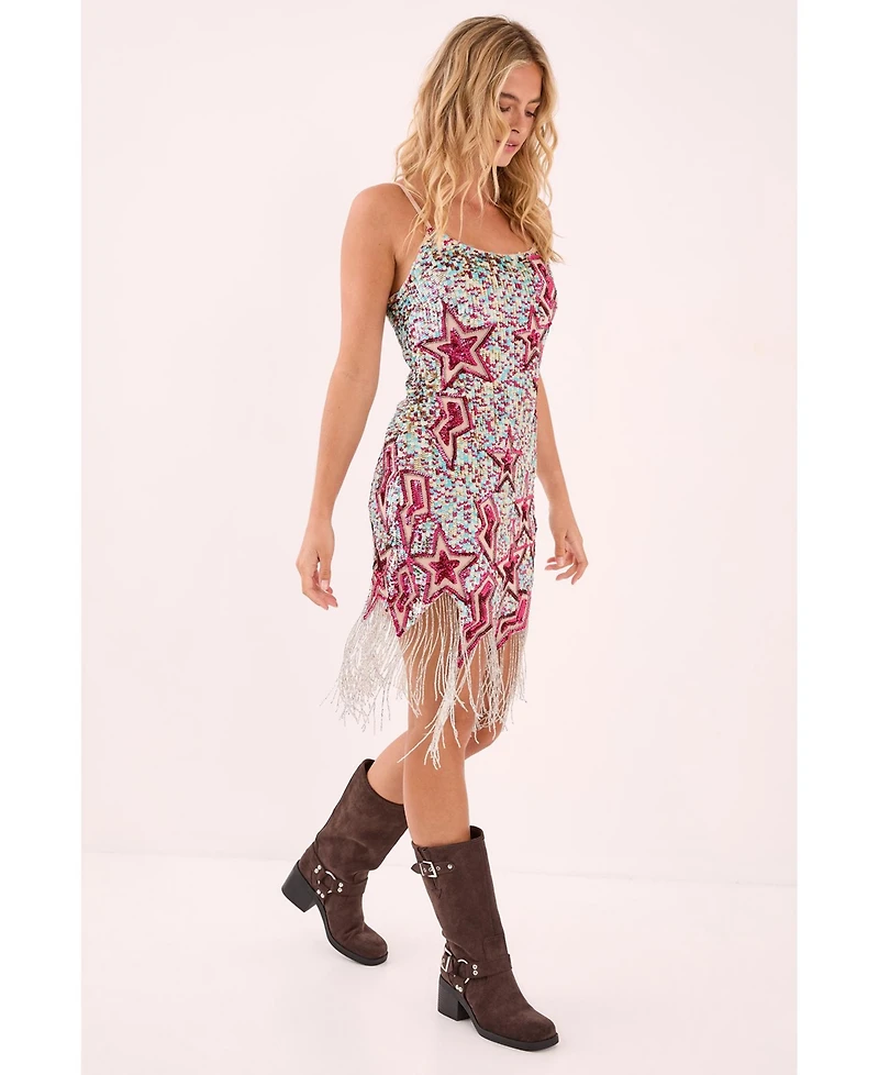 Nasty Gal Women's Star Embellished Tassel Hem Mini Dress
