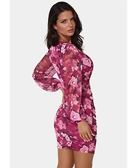 Bebe Women's Long Sleeve Faux Wrap Ruched Mini Dress