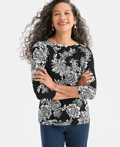 Style & Co Women's Printed Pima Cotton 3/4 Sleeve Boat-Neck Top, Macy's Exclusive