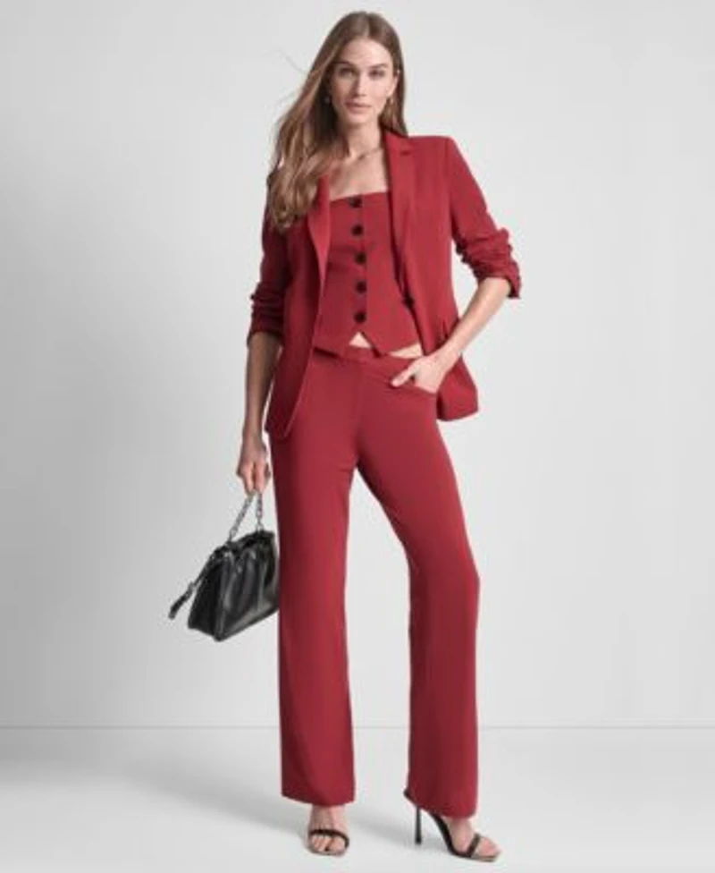 Dkny Womens Padded Shoulder One Button Jacket Modern Fit Mid Rise Trousers Square Neck Button Front Vest