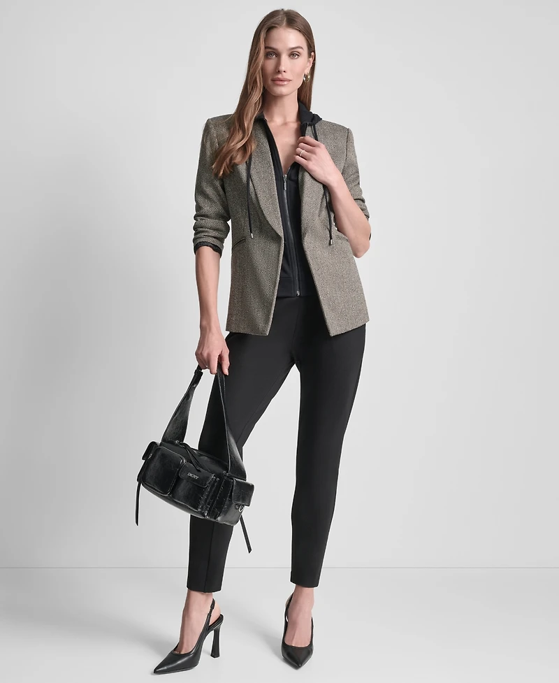 Dkny Women's Herringbone Pattern Blazer with Fleece Hoodie
