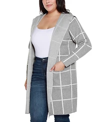 Belldini Plus Hooded Windowpane Plaid Cardigan Sweater