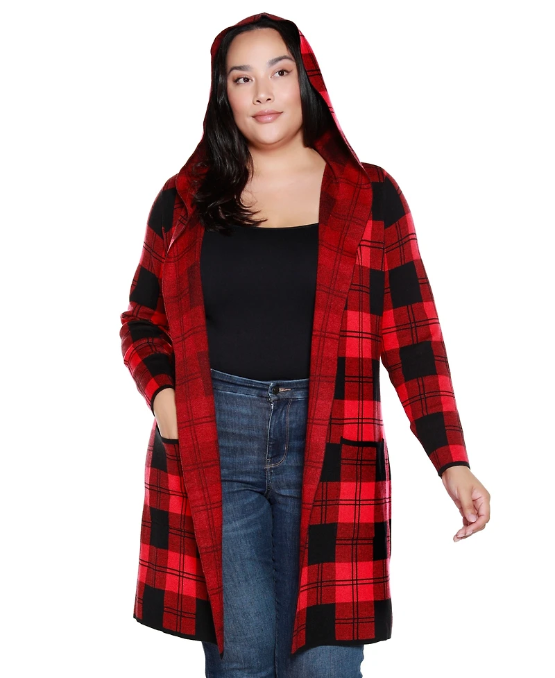Belldini Plus Hooded Checkered Plaid Cardigan Sweater