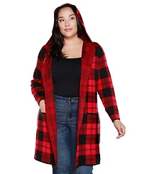 Belldini Plus Hooded Checkered Plaid Cardigan Sweater