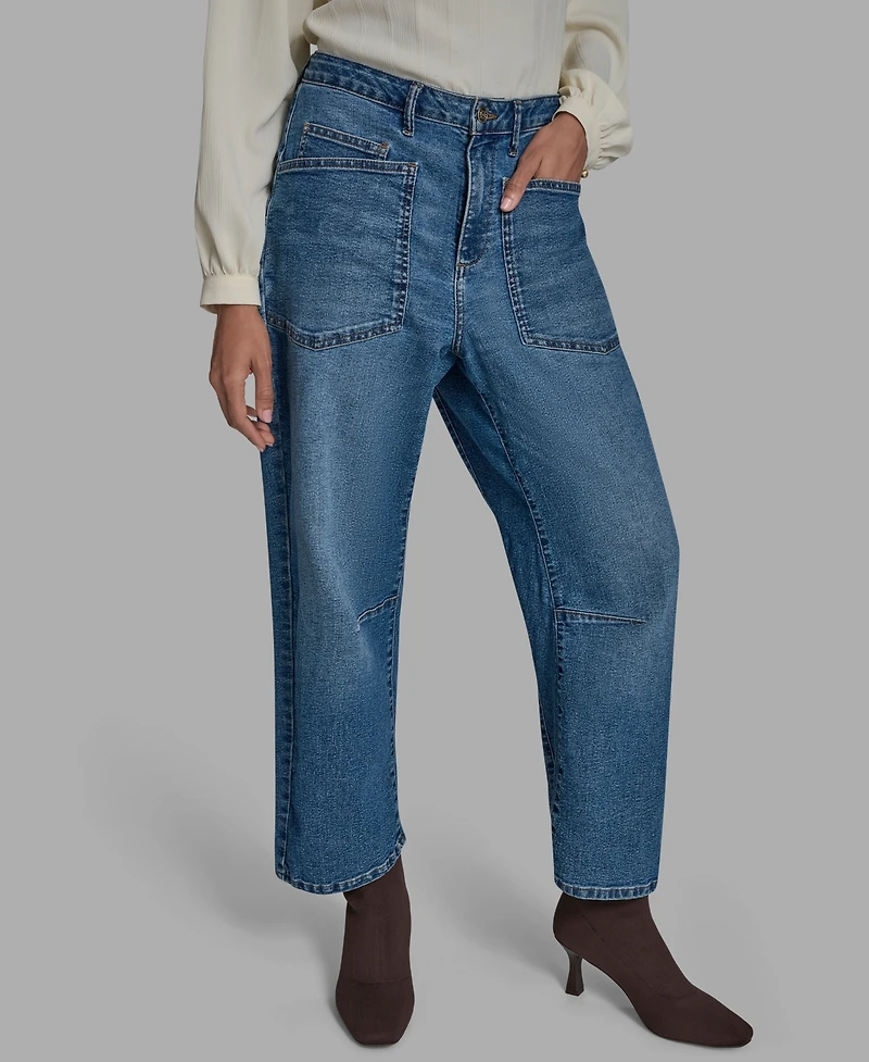 Bcbg Women's Knee Seam Patch Pocket Barrell-Leg Jeans