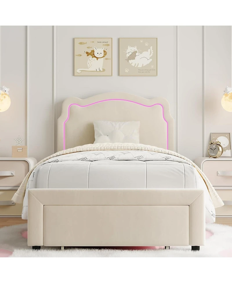 Gaomon Twin Upholstered Bed Frame with Storage Drawer & Smart Led, Velvet Platform Bed with Adjustable Headboard, No Box Spring Needed