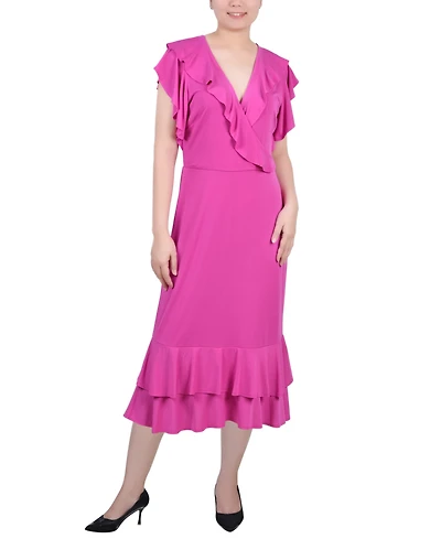 Ny Collection Women's Short flutter Sleeve Ruffle Neck Dress