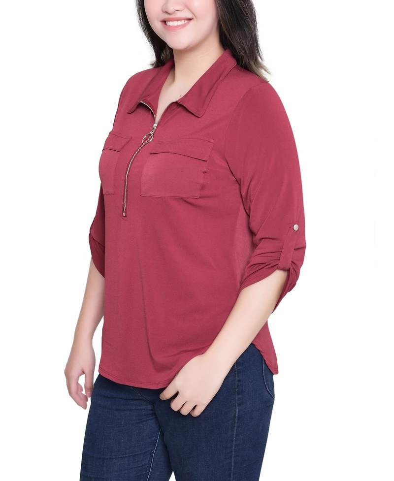 Ny Collection Women's 3/4 Roll Tab Zip Front Top
